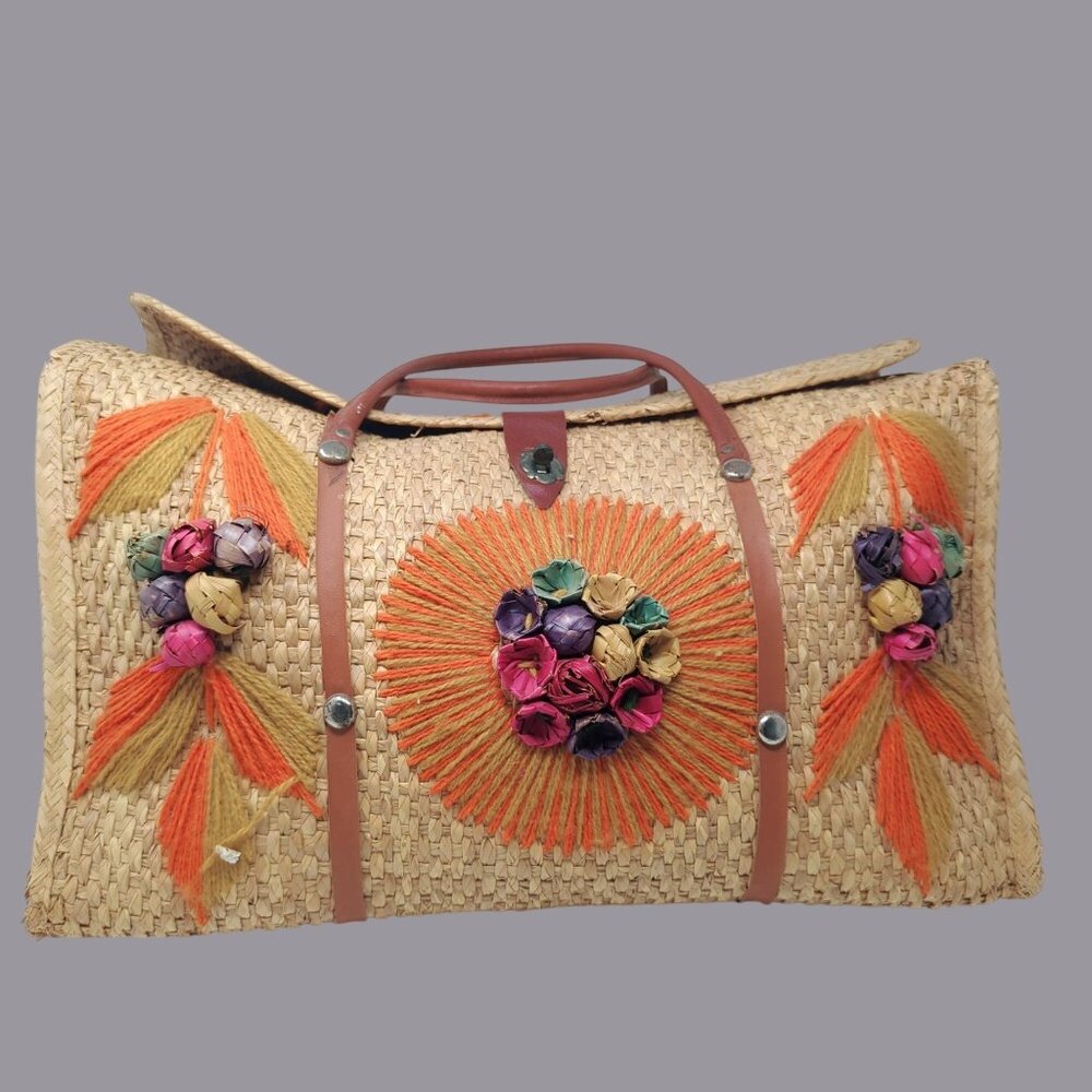 Vintage 80s Mexico Straw Bag Weave Large Tourist Tote